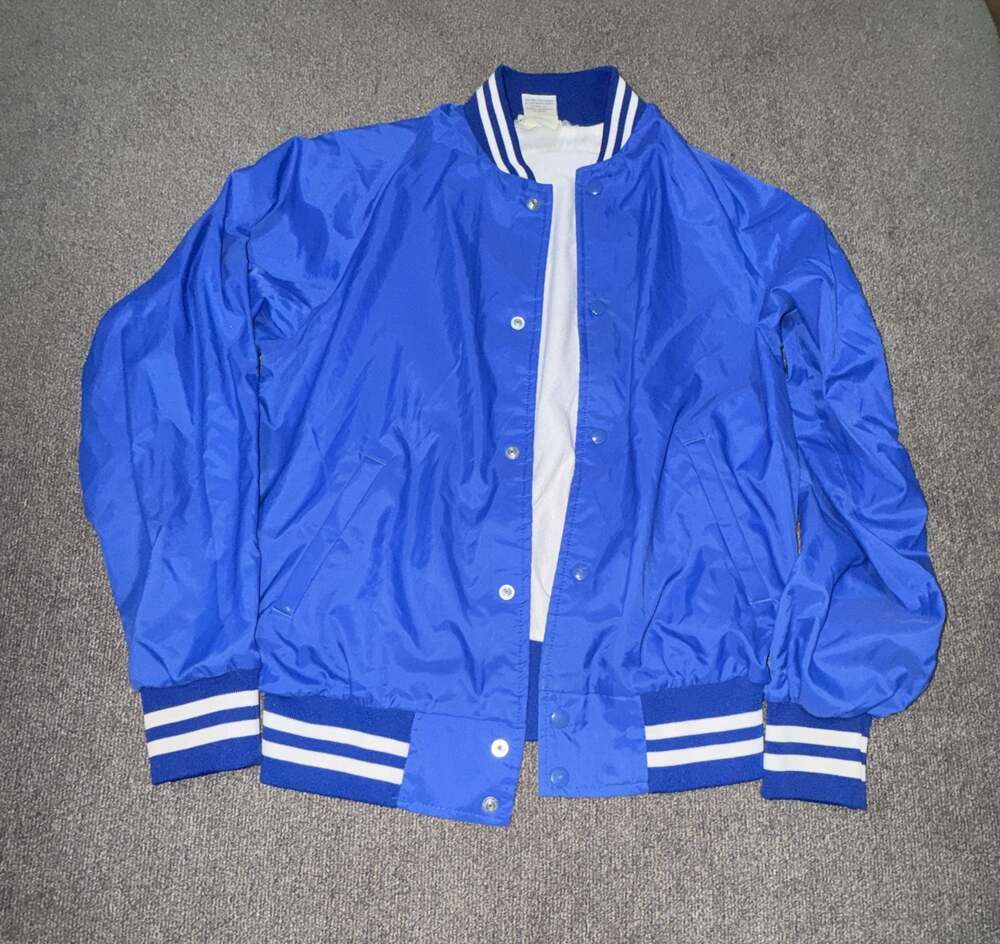 Vintage Sportsmaster Blue Nylon Varsity Bomber Jacket Size XL 18-20 Youth